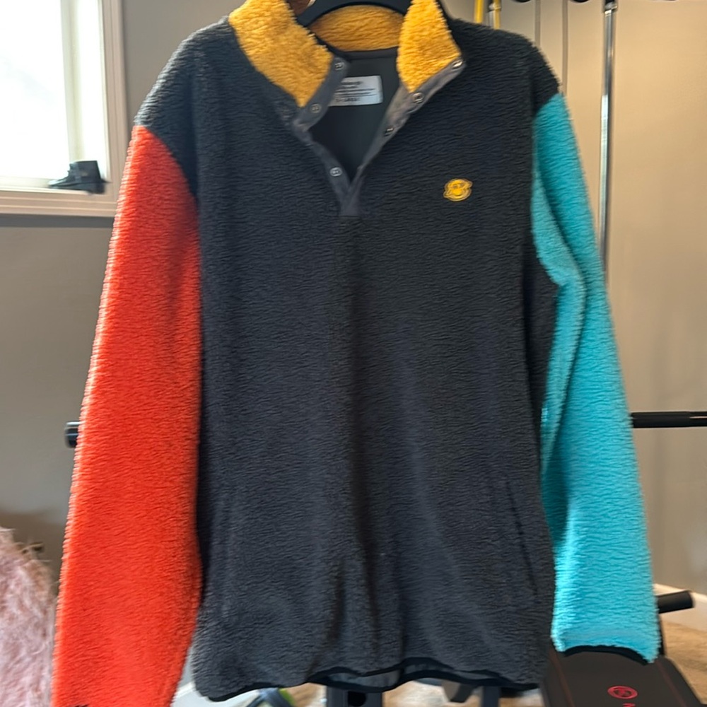 Dutch Bros Color Block Sweatshirt Sweater Snap up Pullover Teddy/Sherpa Sz XL